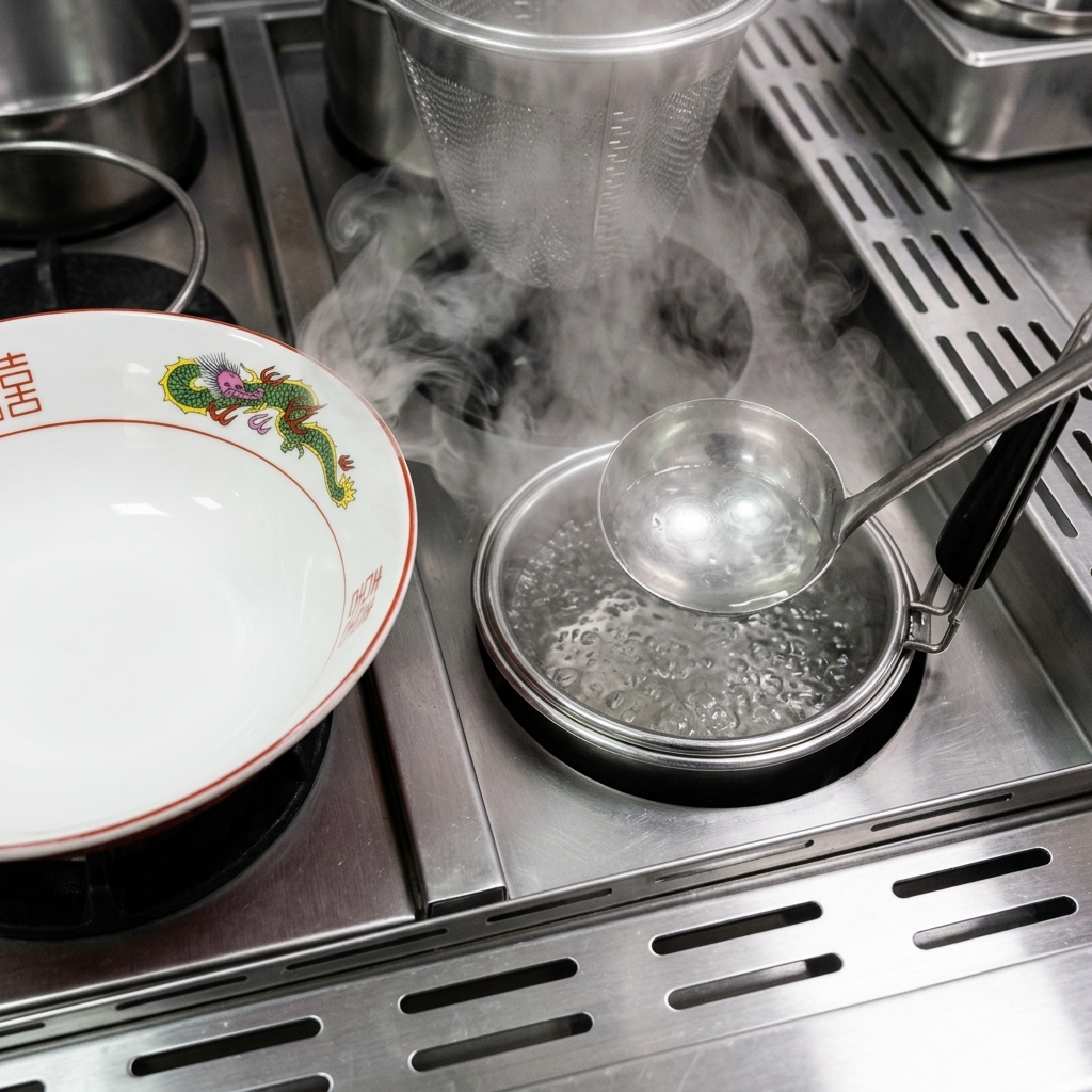 Une louche en acier inoxydable versant de leau chaude claire dans un bol de ramen en céramique blanche orné de motifs de dragons rouges.