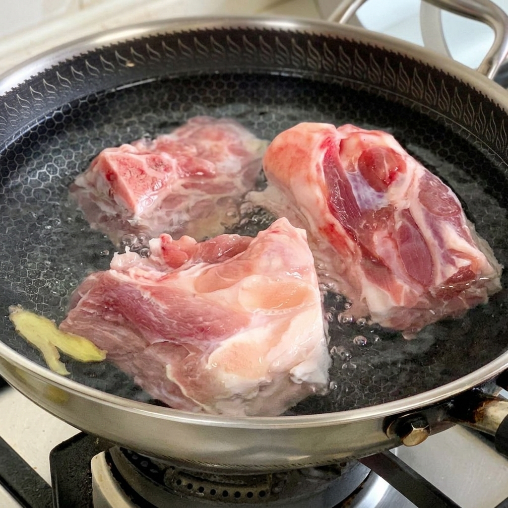 Os de porc crus plongés dans une marmite deau froide avec du gingembre et des oignons verts pour le blanchiment.