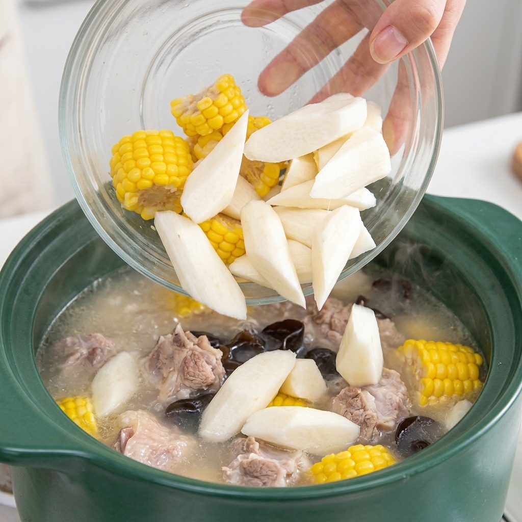 Ajout manuel de tronçons de maïs et de rondelles digname dans la marmite de bouillon frémissant.
