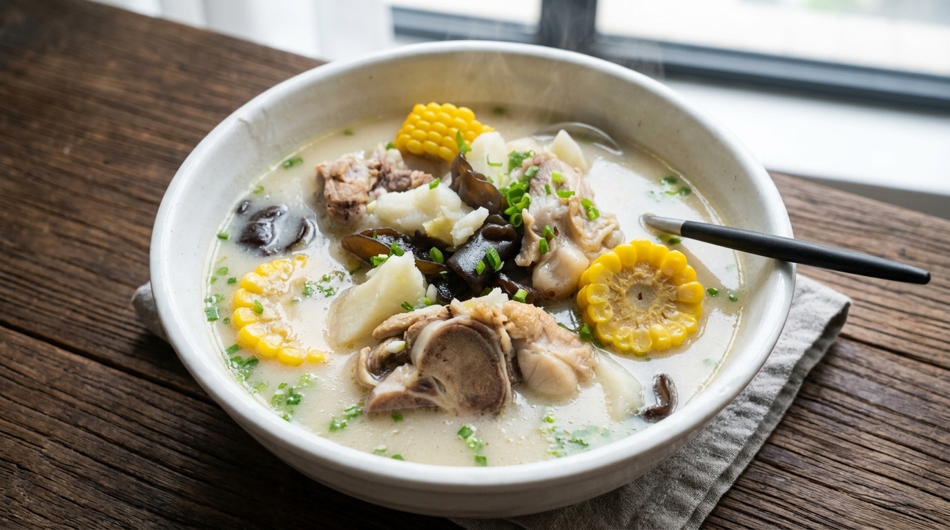 Soupe onctueuse aux os de porc, maïs doux et igname