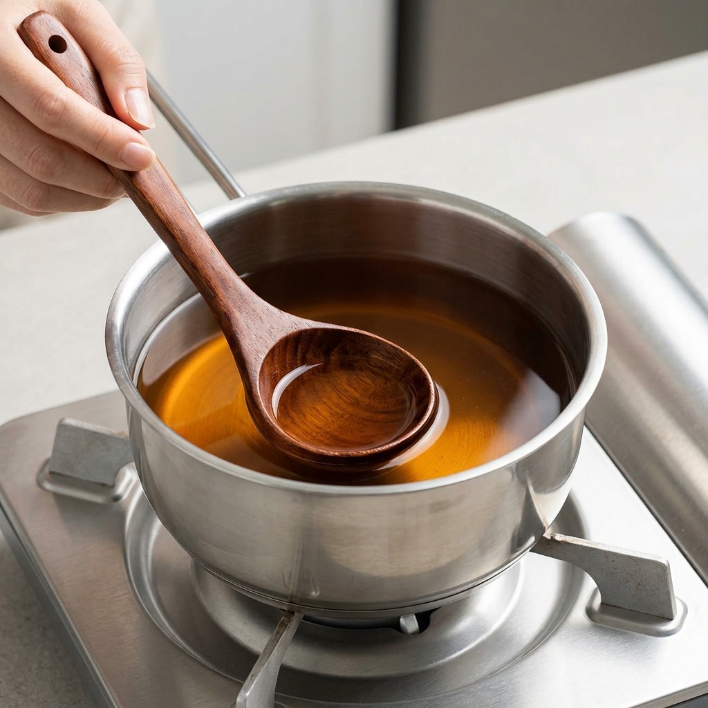 Une main utilisant une louche en bois pour remuer un bouillon de ramen brun foncé frémissant dans une casserole en acier inoxydable.