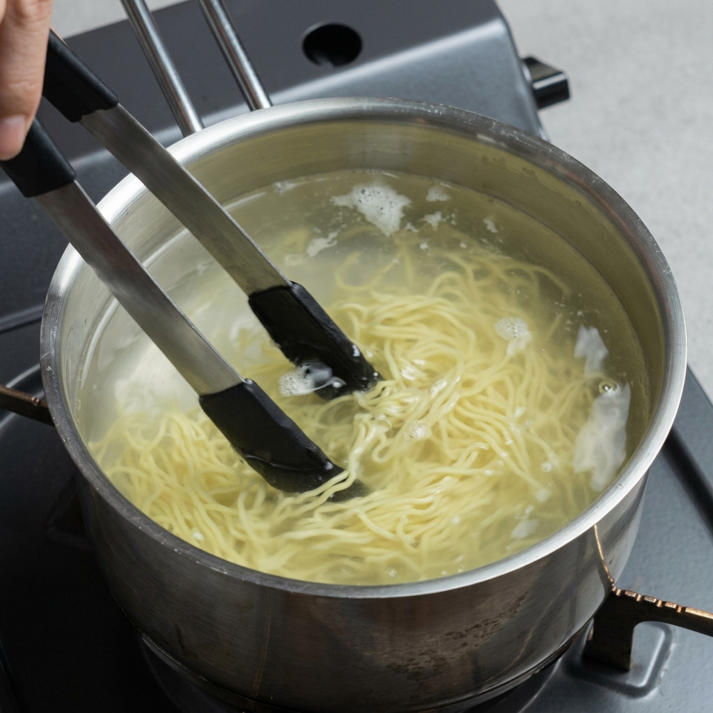 Des pinces métalliques remuant et séparant les nouilles ramen jaunes immergées dans leau bouillante dune casserole en métal.