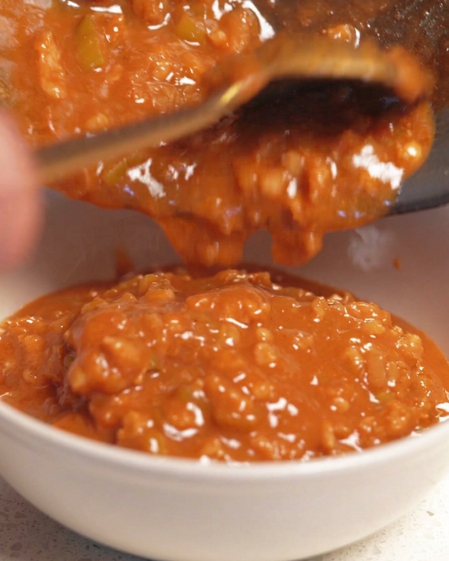 Une sauce épaisse de couleur orange versée depuis une poêle foncée dans un bol en céramique blanche.