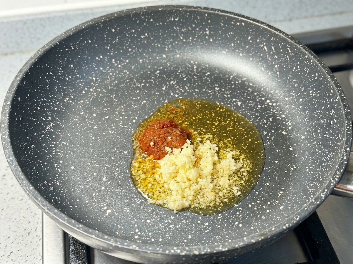 De lail haché et une cuillérée de pâte de crevettes rougeâtre crépitant dans de lhuile chaude au fond dune poêle.