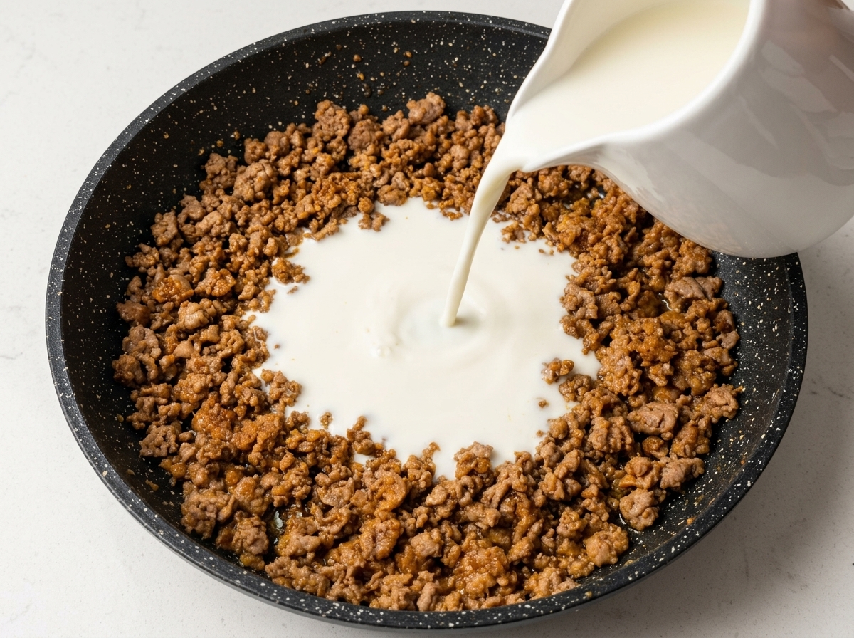 Du lait blanc versé depuis un pichet en céramique dans une poêle remplie de porc haché cuit.