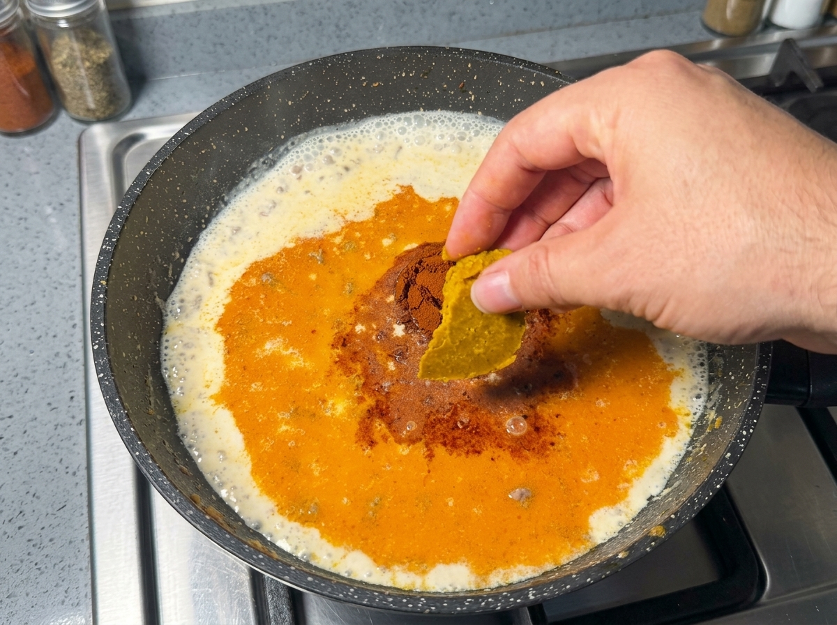 Une main émiettant un bloc de roux de curry japonais doré au-dessus dune poêle de bouillon lacté à la viande hachée.