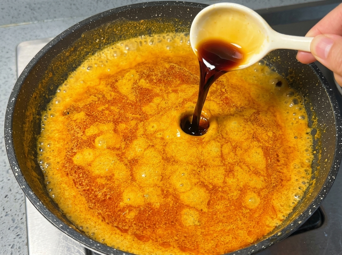 De la sauce soja sombre versée depuis une petite cuillère en céramique dans une sauce curry orange vif qui mijote.