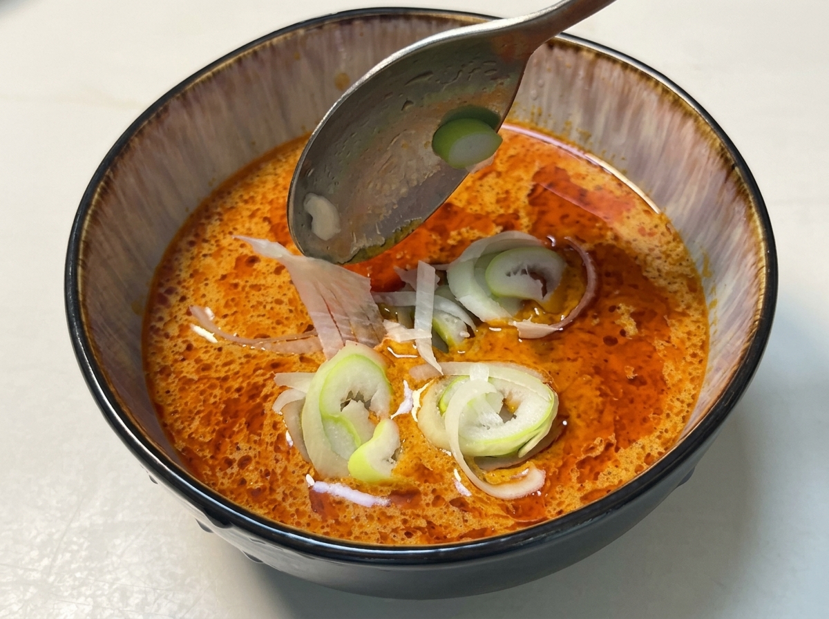 Une cuillère déposant des oignons verts frais émincés sur une sauce curry brun-orange dans un bol en céramique sombre.