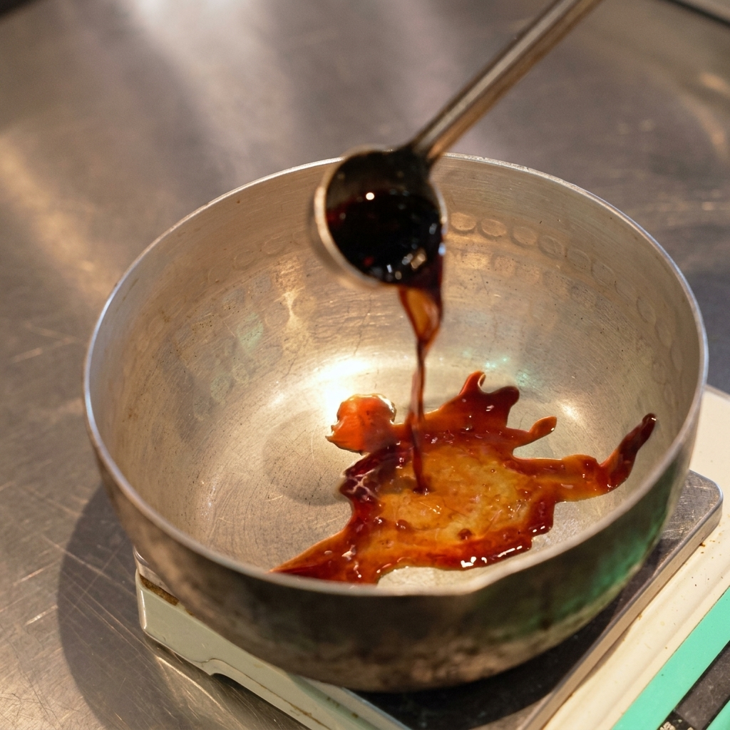 Un plan rapproché de sauce soja foncée versée depuis une cuillère à mesurer en acier inoxydable dans une petite casserole argentée posée sur une balance digitale.