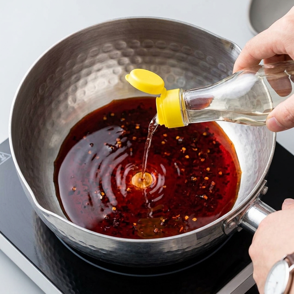 Du vinaigre blanc transparent versé depuis une bouteille en verre dans une casserole en métal contenant de la sauce soja foncée et des flocons de piment rouge.