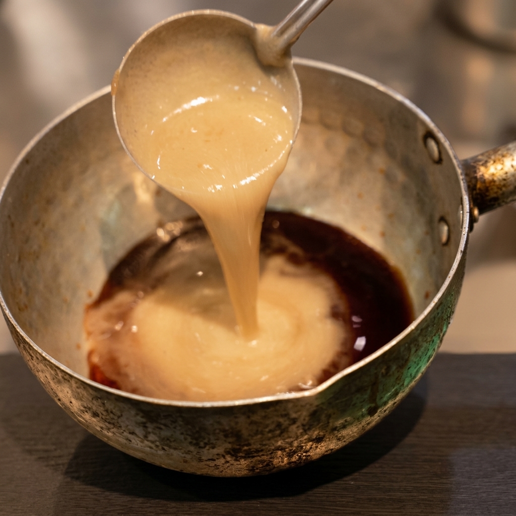 Une louche pleine de bouillon de porc beige et crémeux versée dans une casserole contenant la base de sauce soja foncée.