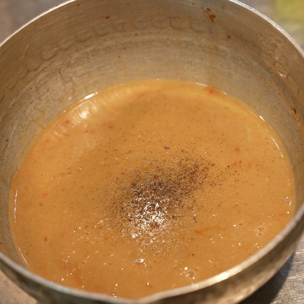 De la fine poudre de poivre noir se déposant à la surface dun bouillon crémeux marron clair dans une casserole en métal.