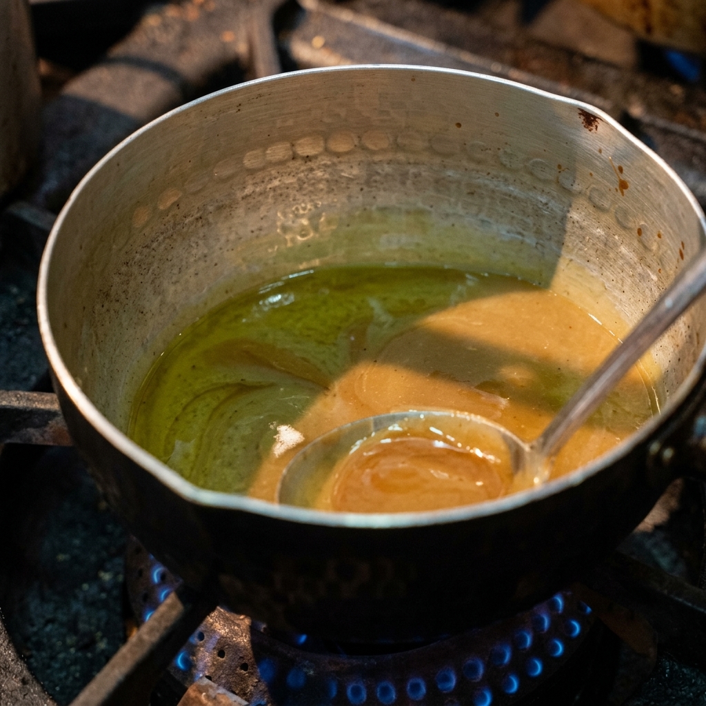 Une casserole en métal sur un piano de cuisson au gaz avec des flammes bleues, avec une louche remuant une sauce de trempage brune.