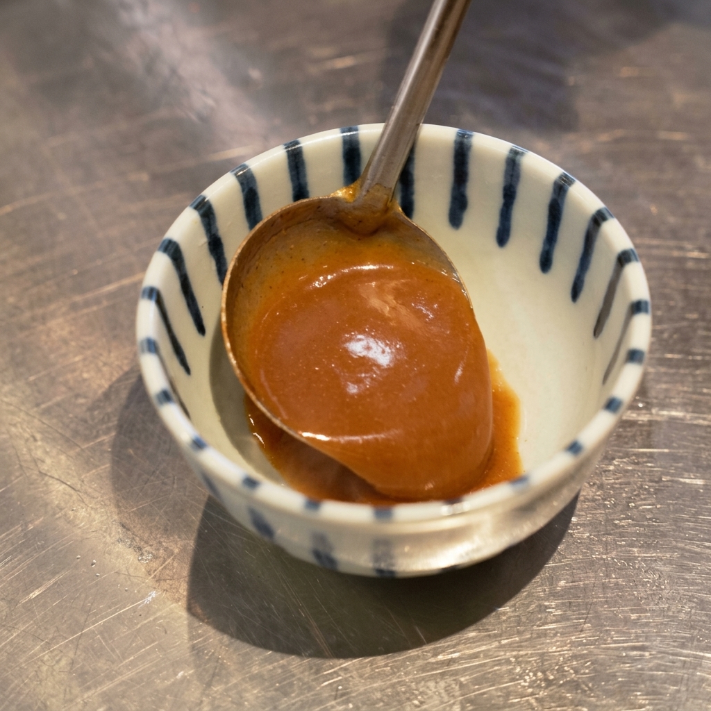 Une louche en métal versant une riche sauce de trempage brune dans un bol en céramique à rayures verticales bleues.