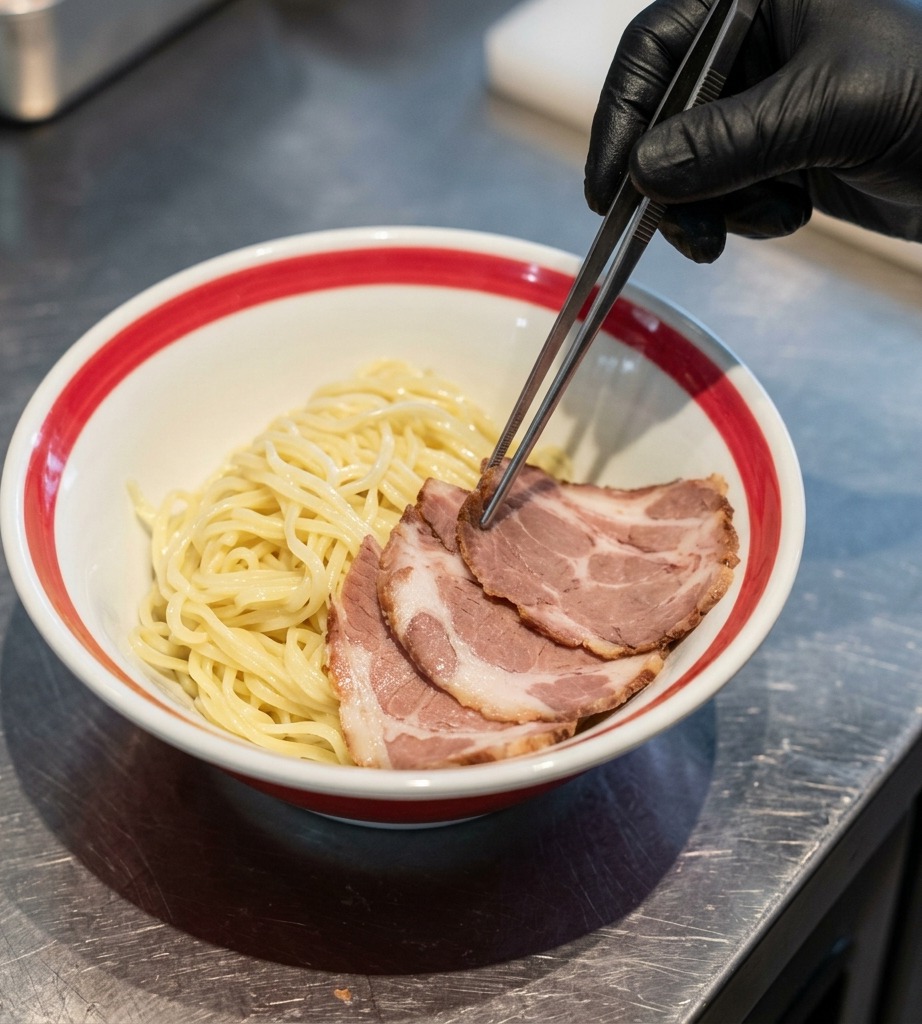 Une pince de cuisine déposant de fines tranches persillées de poitrine de porc braisée sur un lit de nouilles ramen épaisses et jaune clair dans un bol à bord rouge.