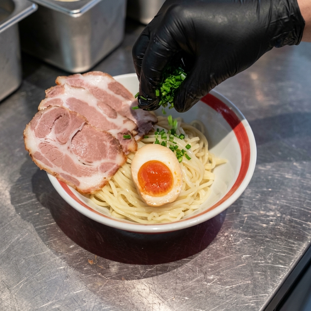 Un chef portant des gants noirs saupoudrant des oignons verts dun vert éclatant sur un bol contenant des nouilles, du porc Chashu et un œuf mollet.