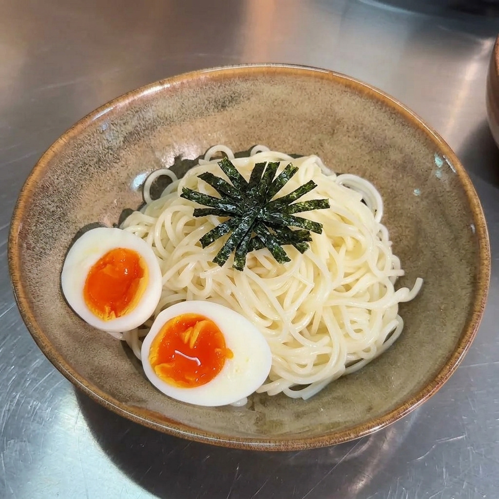 Un bol en céramique marron contenant les nouilles ramen blanches surmontées de deux moitiés dœuf mollet et de fines lanières dalgue nori.