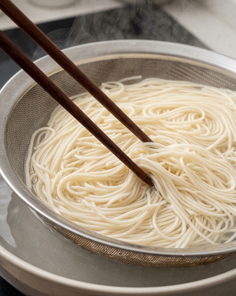 Une passoire araignée remplie de nouilles ramen fumantes extraites dune marmite à laide de baguettes en bois.