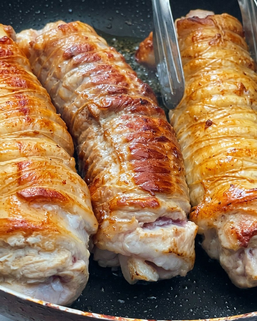 Trois rôtis de poitrine de porc ficelés colorant dans une poêle, ajustés à laide dune pince de cuisine.