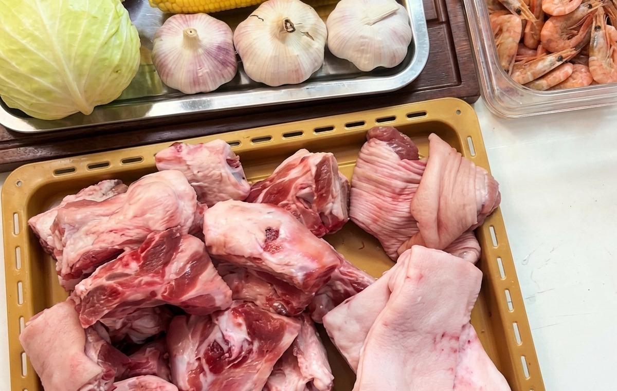 Différents ingrédients crus disposés sur un plan de travail, dont des os de porc sur un plateau, une barquette de crevettes roses, des épis de maïs et des têtes dail.