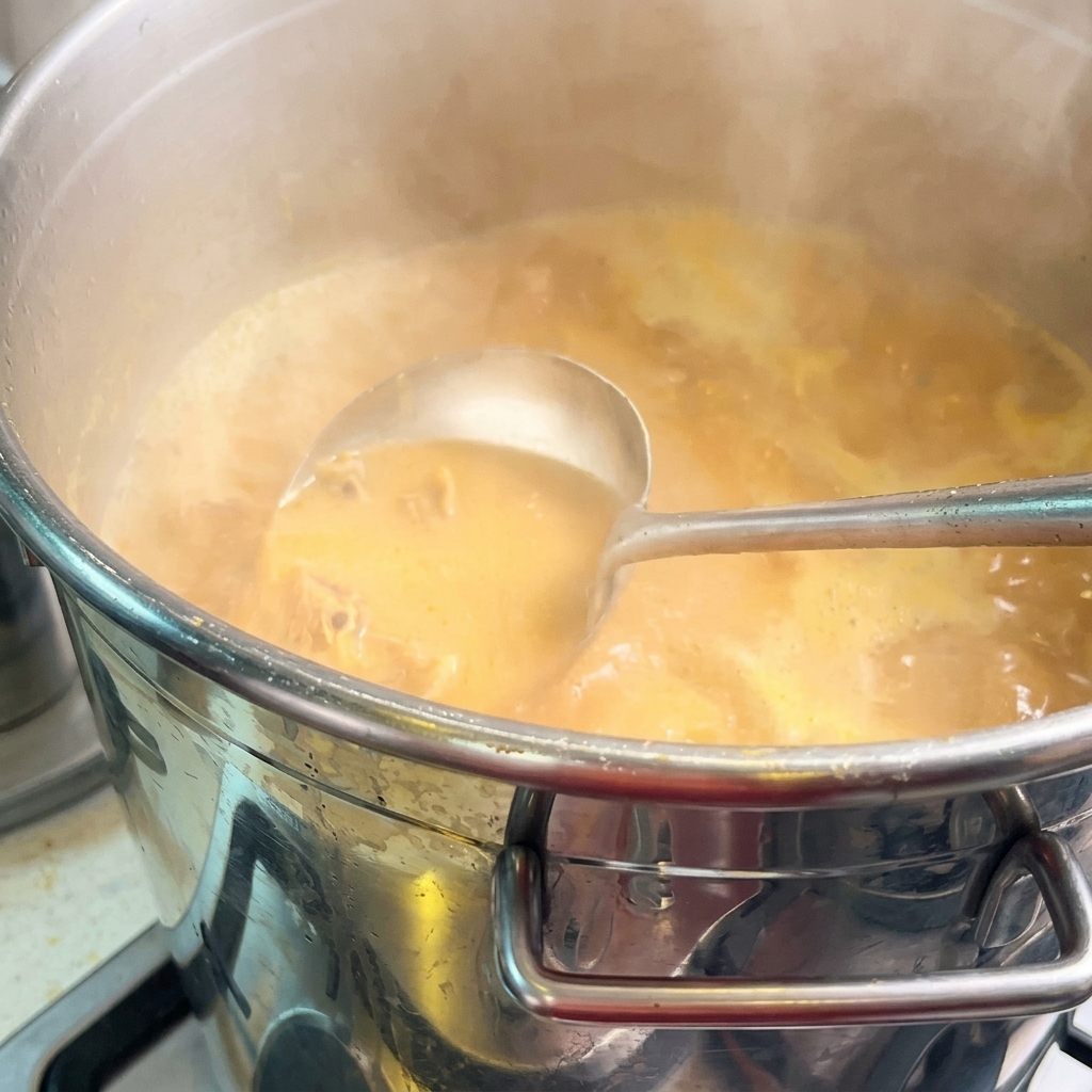 Une louche en métal prélevant un bouillon de ramen épais, opaque et dun jaune orangé éclatant dans une grande marmite professionnelle.