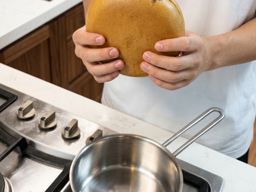 Une personne tenant un palet circulaire de ramen congelé au-dessus dune marmite en inox, montrant la base de soupe glacée de couleur beige lisse.