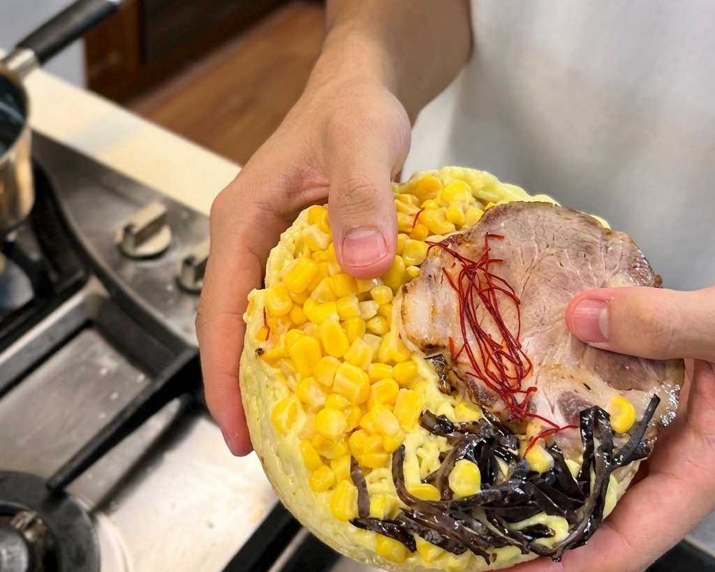Une personne tenant un palet de ramen congelé surmonté de maïs jaune, dune tranche de porc chashu et de champignons noirs effilochés au-dessus dune cuisinière.