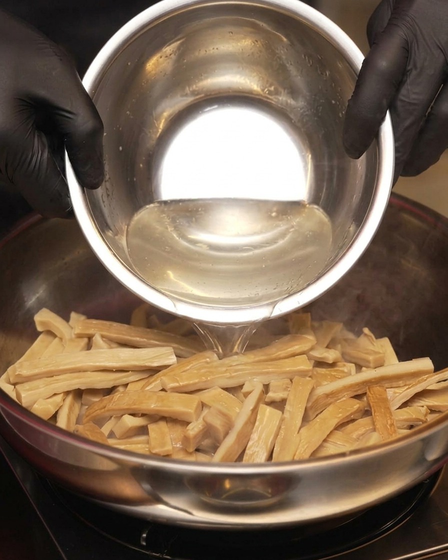 Un liquide clair versé depuis un bol en acier inoxydable sur les pousses de bambou sautées dans la poêle.
