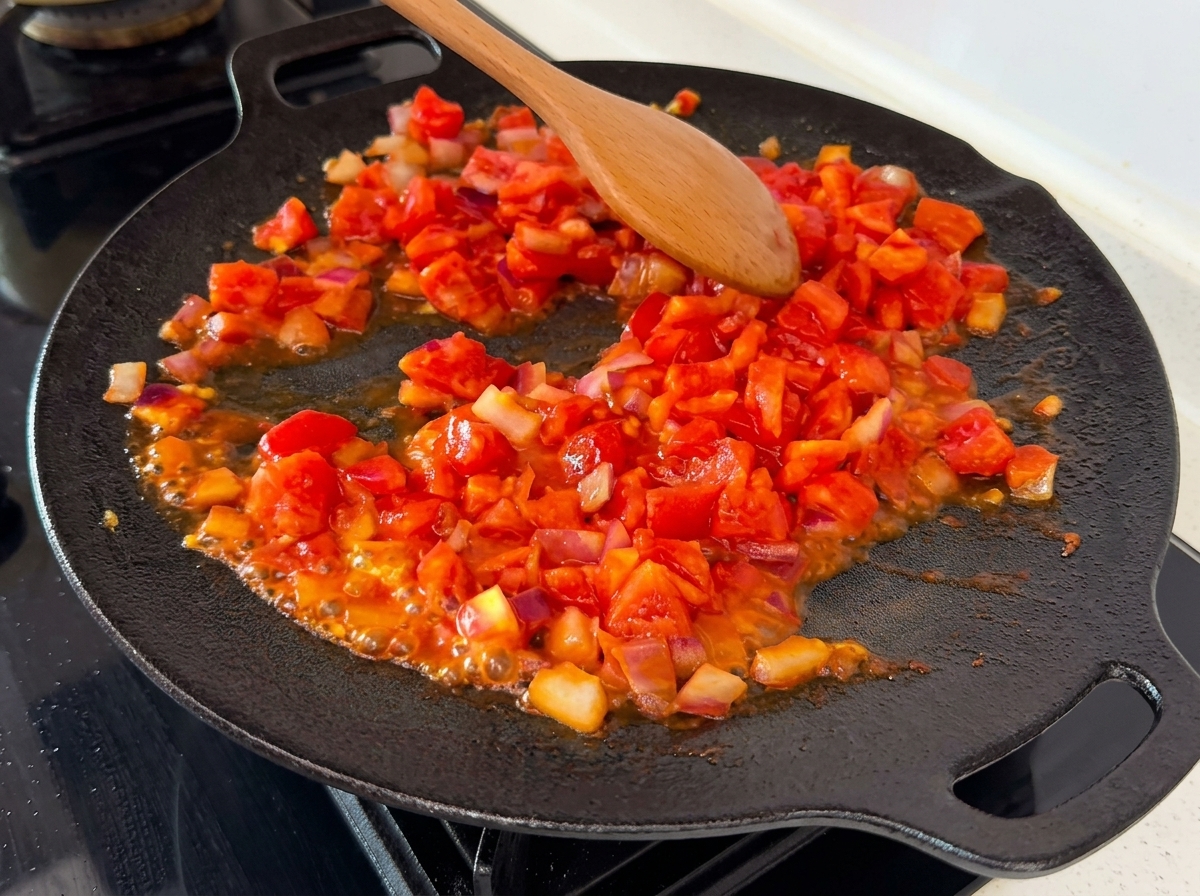 Des tomates concassées et en dés se mélangeant aux oignons dans une poêle chaude, laissant apparaître du jus qui bouillonne.
