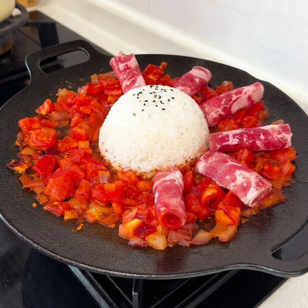 Un dôme de riz blanc parsemé de graines de sésame noir entouré de rouleaux de bœuf persillé cru sur un lit de tomates cuites.