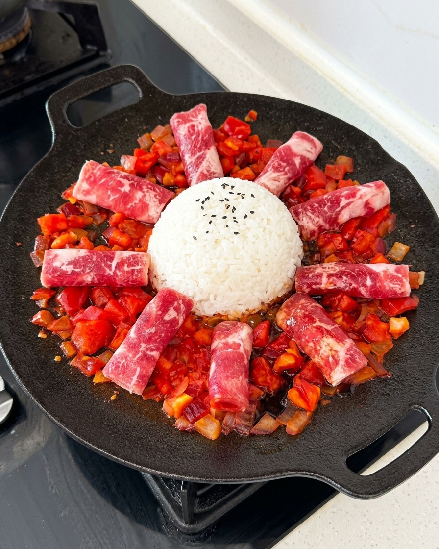 Une sauce savoureuse brun foncé versée en filet sur des rouleaux de bœuf cru et de la sauce tomate rouge dans une poêle circulaire.
