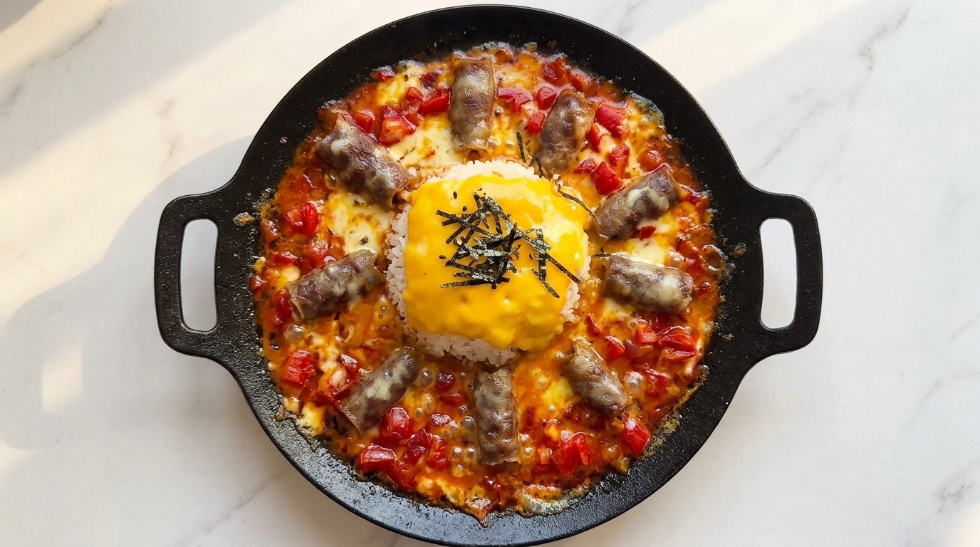 Riz volcan au bœuf, tomate et fromage fondant