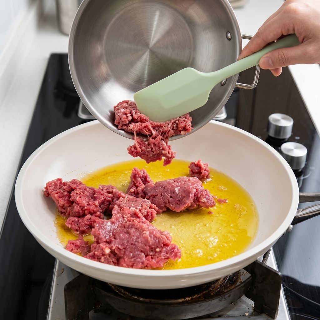 Bœuf haché cru versé depuis un bol en métal dans une poêle contenant du beurre fondu.