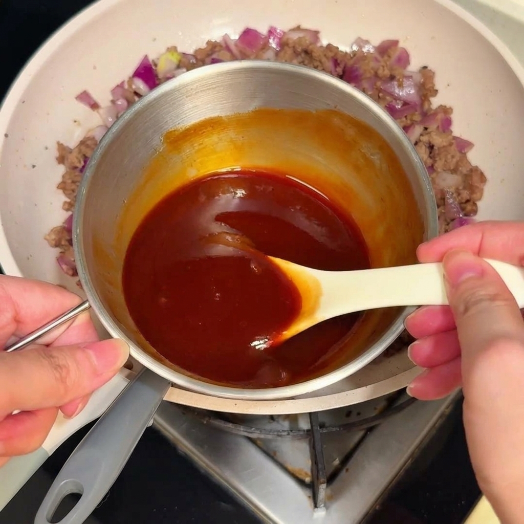 Une petite casserole en acier inoxydable contenant une sauce rouge épaisse remuée avec une cuillère blanche.