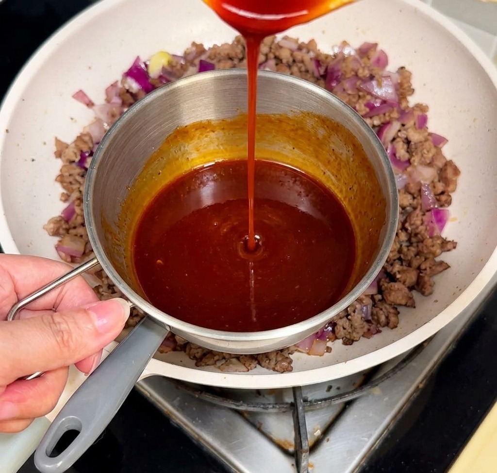 Une sauce rouge épaisse versée depuis une petite casserole métallique dans une poêle blanche remplie de bœuf haché cuit et doignons violets émincés.