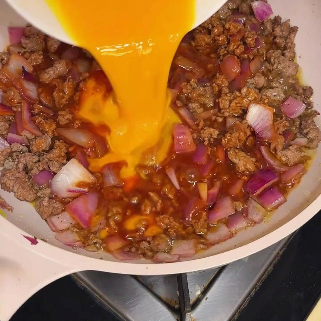 Œufs battus jaune vif versés en filet continu sur un mélange frémissant de bœuf, doignons et de sauce rouge dans une poêle.