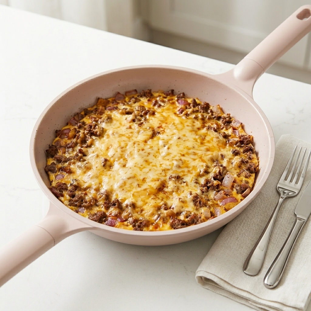 Une poêle blanche sur un plan de travail remplie dune base de bœuf et dœufs, recouverte de tranches de fromage jaune fondu et de mozzarella blanche râpée.