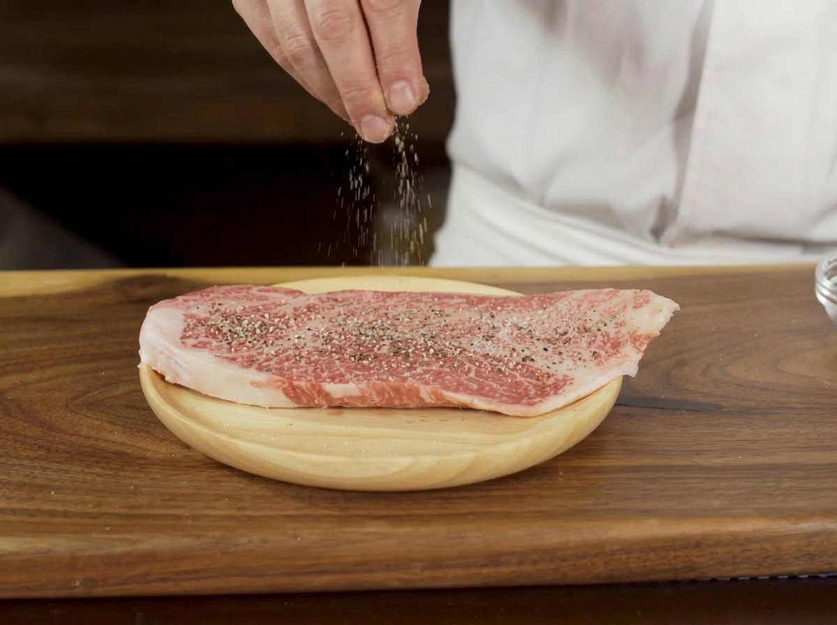 Une main saupoudrant du sel et du poivre moulu sur un steak de bœuf persillé épais posé sur une planche en bois.