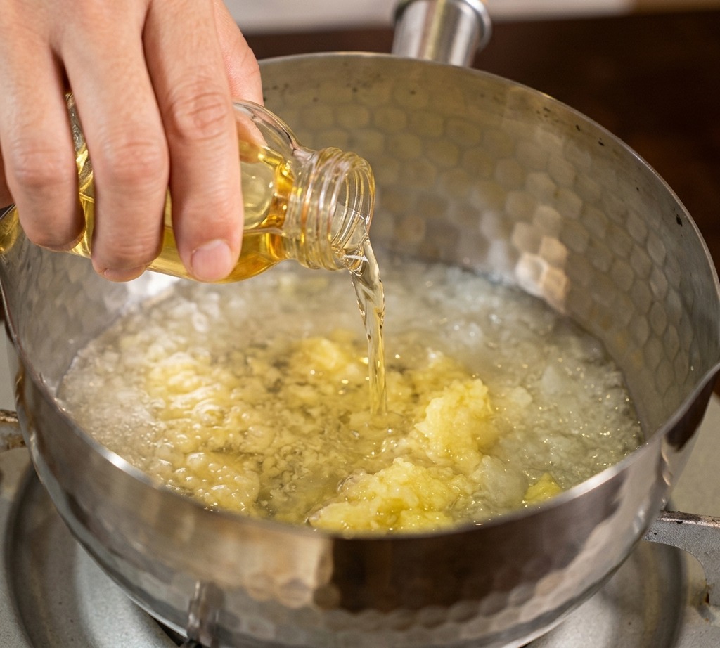 Du mirin versé dune bouteille en verre transparent dans une casserole en acier inoxydable remplie de pulpes aromatiques râpées.