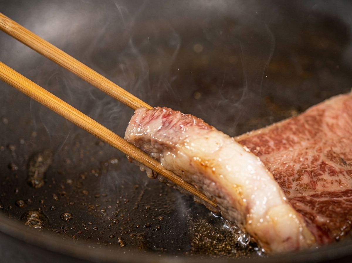 Des baguettes en bois soulevant un steak de bœuf saisi dans une poêle pour montrer la surface inférieure bien dorée et caramélisée.