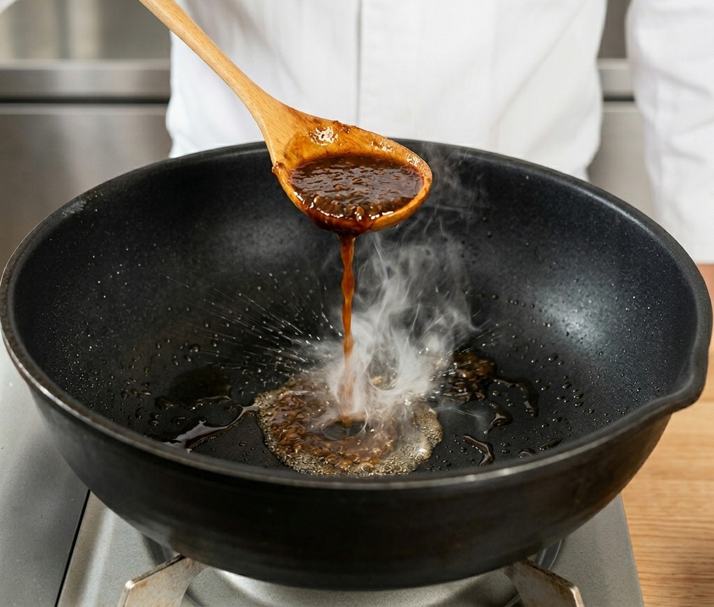 Une cuillère en bois versant une sauce aromatique épaisse et brun foncé sur un steak saisi dans une poêle noire fumante.