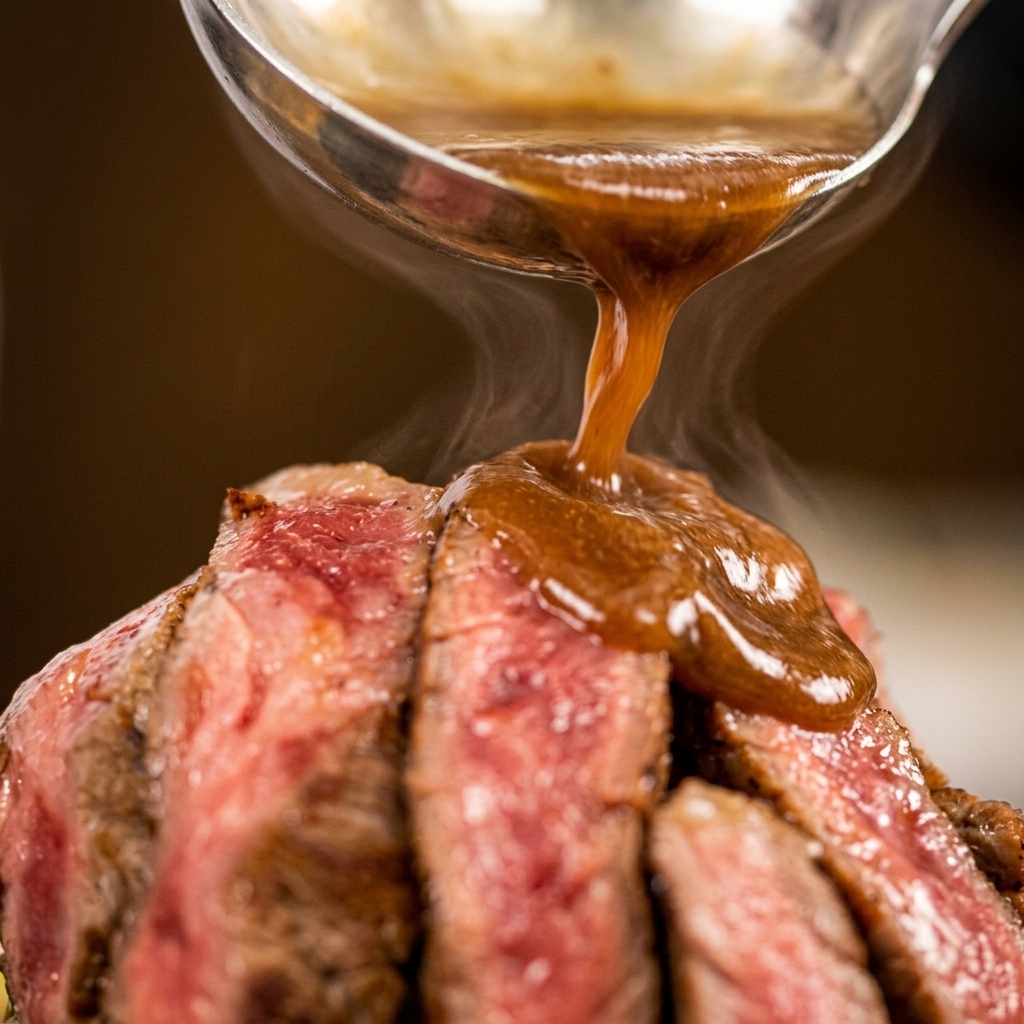 Une sauce brune épaisse versée dune louche en argent sur un steak saignant tranché, avec de la vapeur sélevant du glaçage chaud.