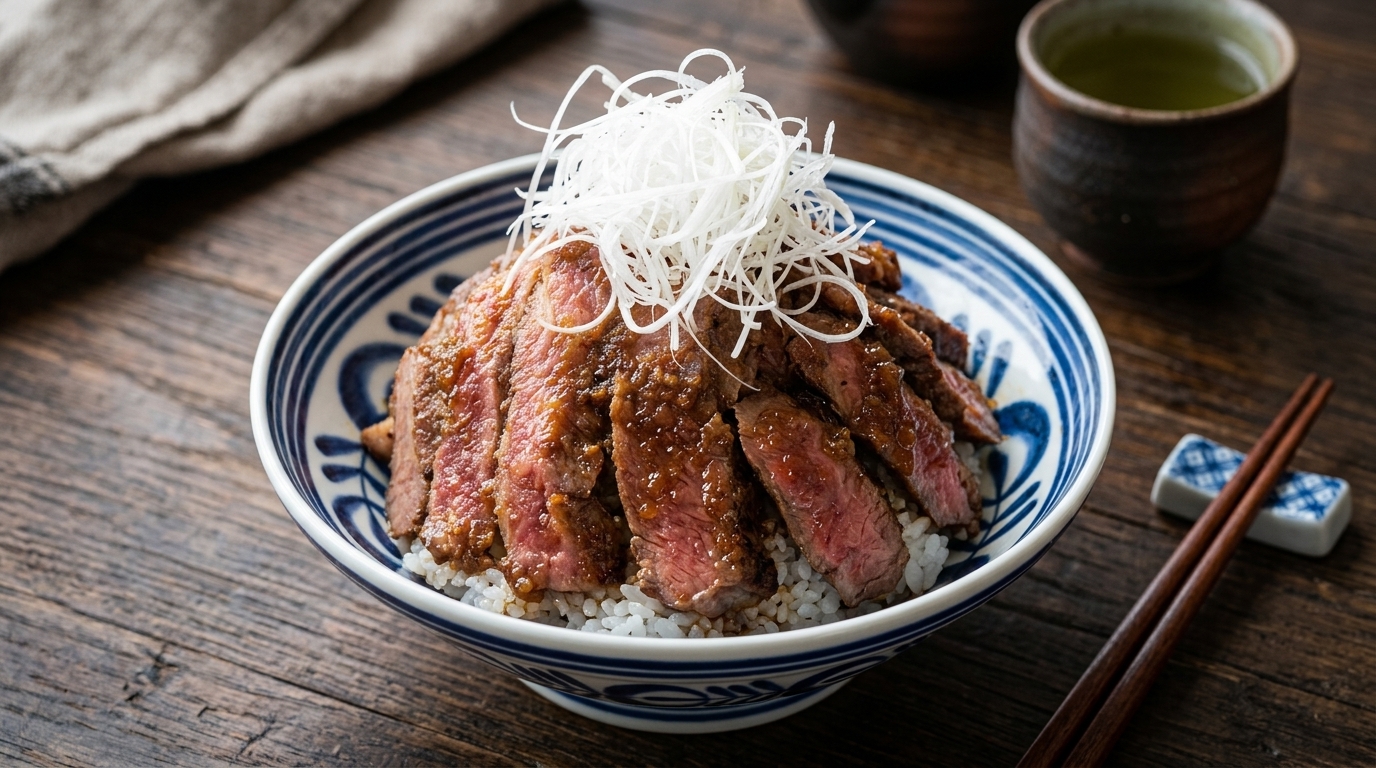 Donburi de Steak Premium et son Glaçage Savoureux à l'Oignon (Yakiniku Don)