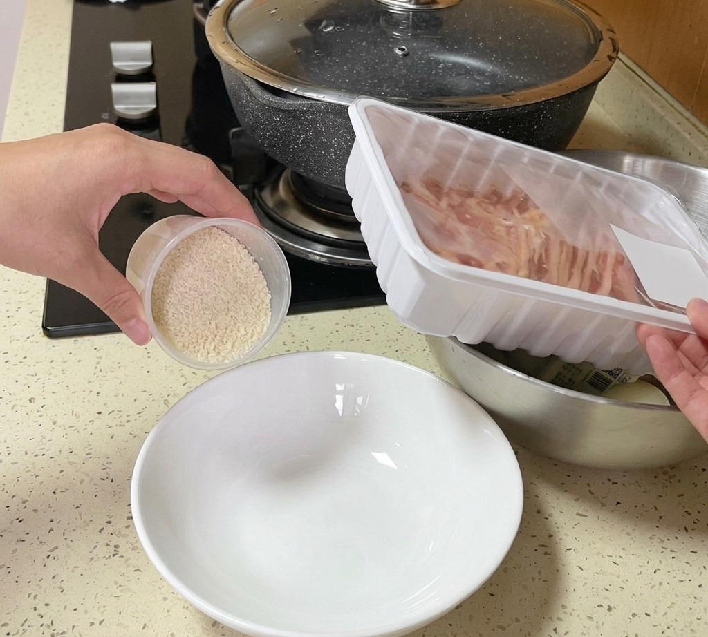 Une main versant de leau claire dun verre mesureur en plastique dans un bol blanc contenant du riz blanc cru.