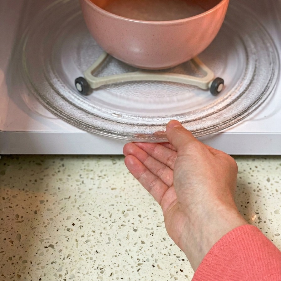 Une main plaçant un bol rose contenant de leau et du riz sur le plateau tournant en verre à lintérieur dun micro-ondes blanc.