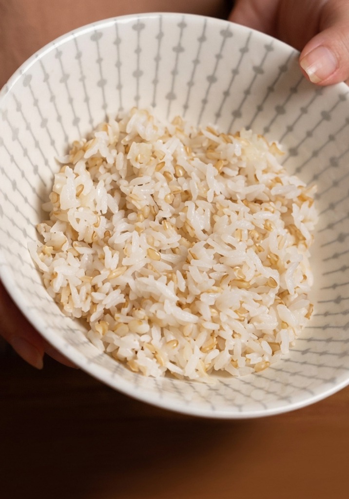 Vue rapprochée dun bol en céramique blanche rempli dun mélange de grains de riz blanc et de riz complet germé de couleur beige.
