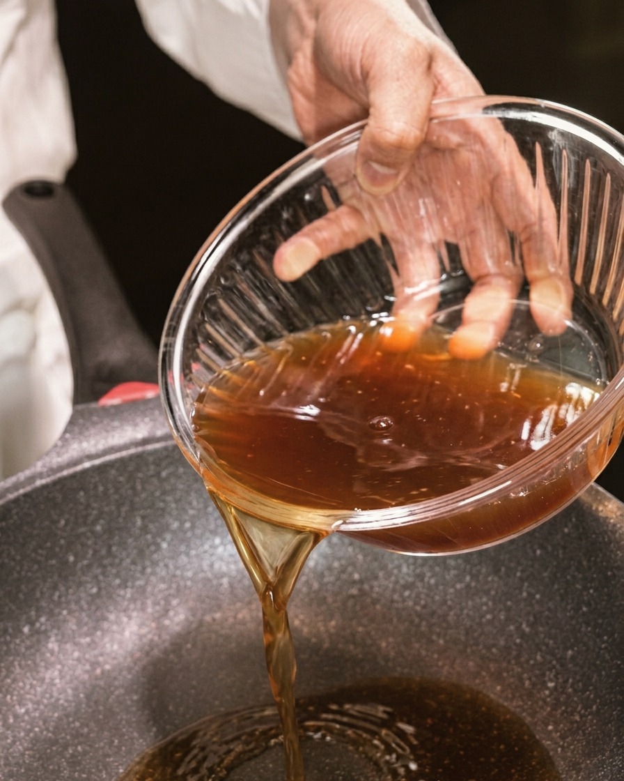 Bouillon de bœuf versé depuis un bol en verre transparent dans une poêle chaude sur une plaque de cuisson.