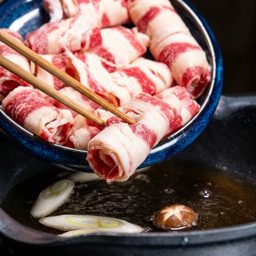 Fines tranches de bœuf cru déposées à laide de baguettes en bois dans une poêle de bouillon frémissant.