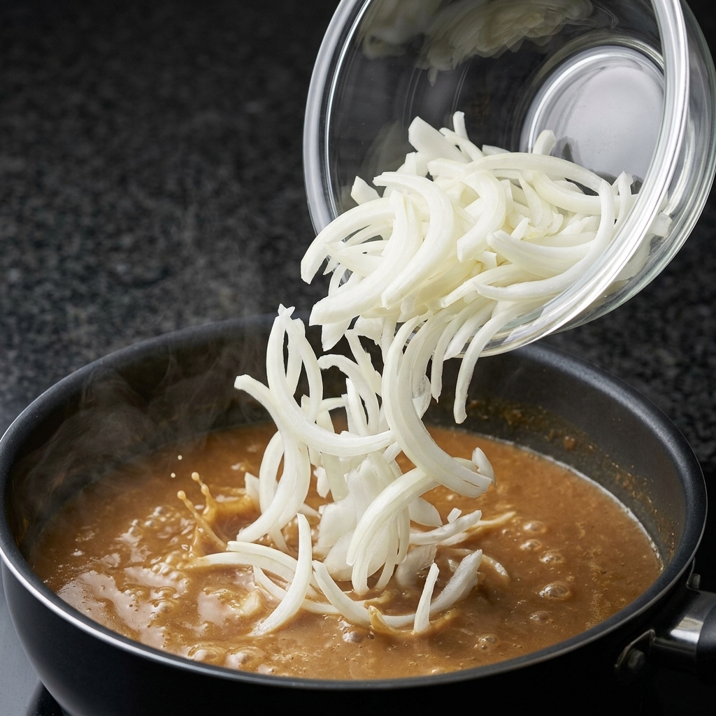 Rondelles doignon blanc versées depuis un bol transparent dans une poêle de bouillon frémissant.