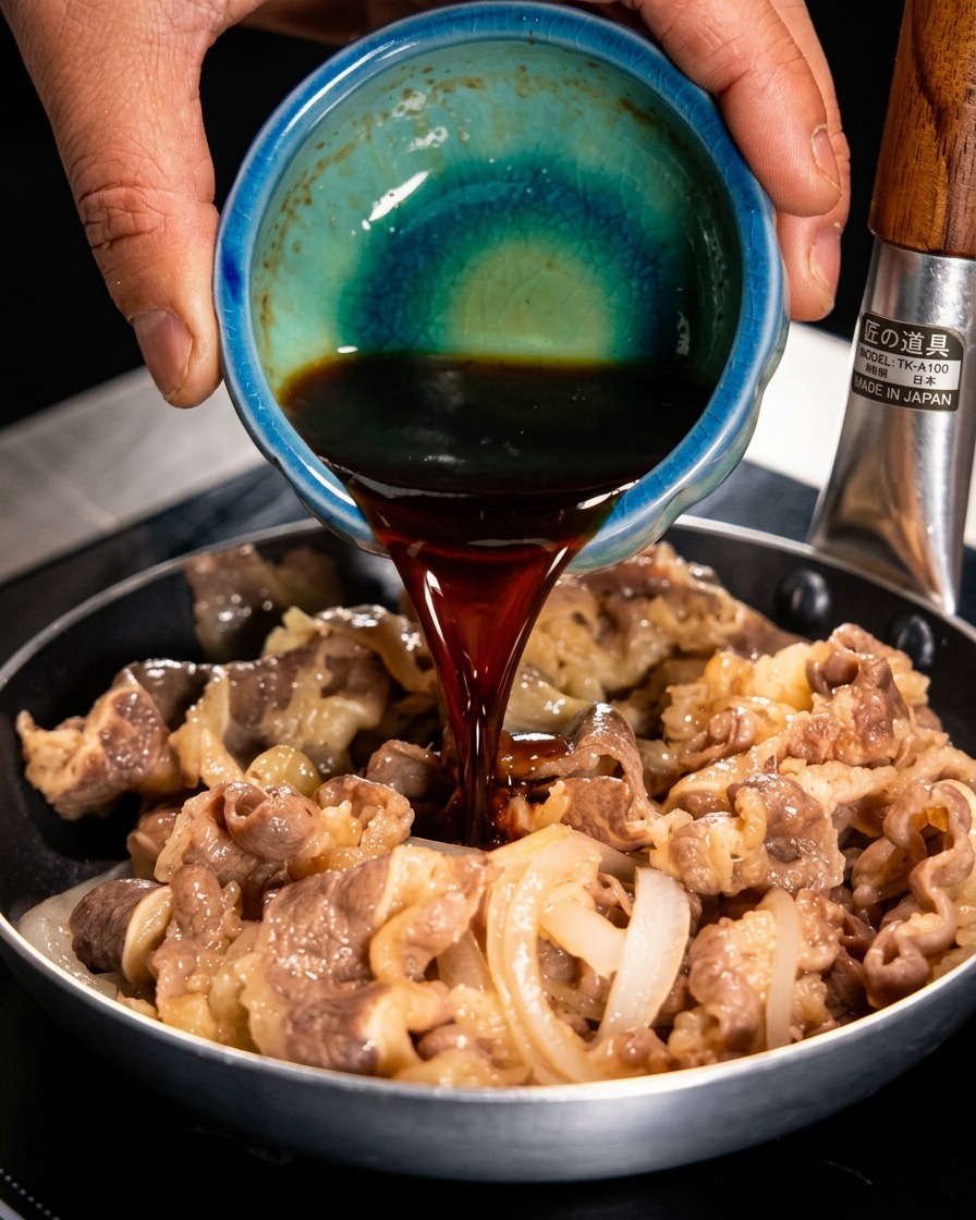 Sauce barbecue yakiniku brun foncé versée dun petit bol en céramique bleu sur le mélange de bœuf et doignons dans la poêle.